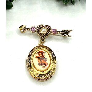 Gold-Tone Cupid Locket Brooch With Heart and Arrow Design